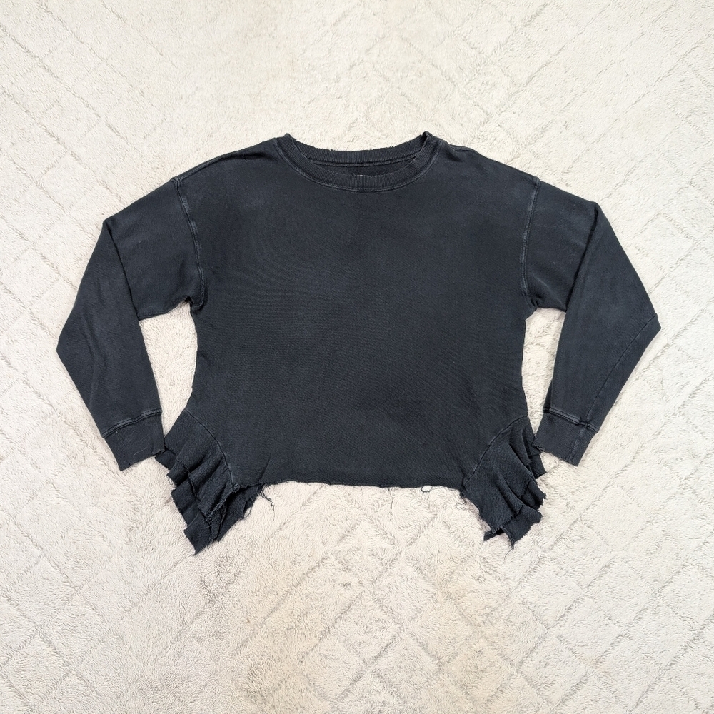 Current Elliott Sweatshirt Womens S Black Wash Slouchy Ruffle Destroy Cotton
